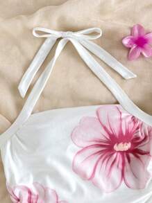 女童花卉印花挂脖蝴蝶结后背休闲吊带背心 - 白色 - 查看 5