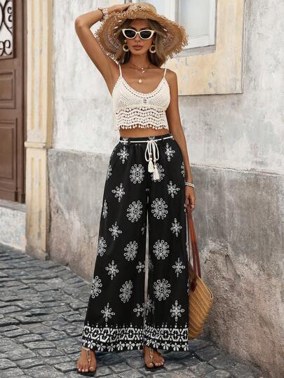 Swim Vcay Boho, Vacation, Beach Women's, Vintage Printed Bohemian Wide Leg Pants, High Waist Tassel Drawstring Loose Straight Casual Holiday Black Beach Pants For Summer