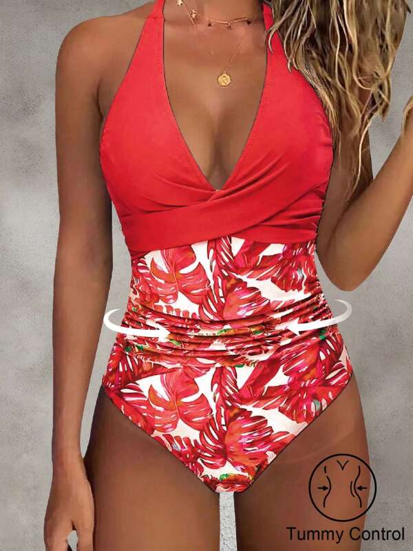 Shapewave Women's Botanical Printed Tummy Control One Piece Swimsuit, Random Print, Beach Swimming Suit For Summer,Summer Beach