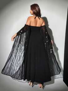 Viva Relle Große Größen Schulterfrei Sexy Kleid mit Pailletten, Netzstoff, Neckholder, taillierter Taille - Schwarz - Übersicht 2
