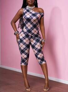 Slaydiva 2025 Summer New Fashion Elegant Basic Women Brown Plaid Print Asymmetric Hem Fitted Knit T-Shirt With Tight Skinny Capri Pants Set, Ladies 2 Pieces Outfit, Suitable For Easter, Music Festival, Daily Wear, Party, Christmas, Valentine's Day, Dating, Beach, Cruise, Carnival, Casual Street, Versatile, Back To School - A - Multicolor - View 7