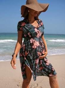 SHEIN Sukienka ciążowa z nadrukiem roślin tropikalnych i rękawami w kształcie nietoperza, idealna na podróż i wakacje