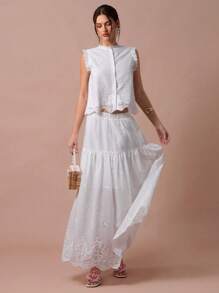 Enchnt Falda maxi elástica de cintura con bordado y volantes blancos, romántica para mujer, ideal para vacaciones, casual y cómoda para fiestas de cumpleaños, días festivos, citas dulces, viajes diarios, vacaciones, temporada de bodas, versátil en verano, conciertos, estilo bohemio - Blanco - Ver 4