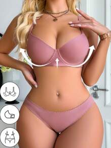 Solid Super Push Up Bra & Panty Lingerie Set - Dusty Pink - View 1