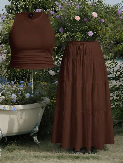 SHEIN EZwear Chocolate Brown Sleeveless Maxi Dress Set, Plus Size, Summer Skirt And Top Set, Brown Two Piece Set, Tiered Maxi Skirt