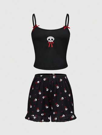 Goth Set di pigiama composto da canottiera e pantaloncini con ricamo di scheletri e fiocchi in stile gotico
