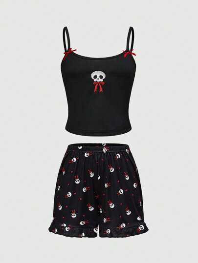 Goth Gothic Style Skeleton & Bow Embroidered Camisole Shorts Pajama Set