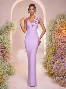 Glamrae Elegant Yellow Handmade 3D Floral Long Bandage Bodycon Dress - Mauve Purple - View 6