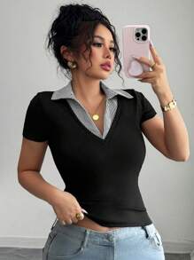 Elenzga 女士加大码优雅拼色领拼接修身弹力休闲百搭时尚设计短袖衬衫上衣，2025 年春夏新品 - 彩色 - 查看 3