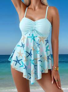 SHEIN Swim 2 pezzi Completo da donna estivo con canotta corta e bikini, stampa a stelle marine, decorazione fiocco, per vacanze e spiaggia