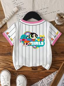 THE POWERPUFF GIRLS X SHEIN Young Girl Casual Blossom, Bubbles, Buttercup Pattern Short Sleeve T-Shirt, Summer