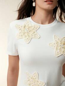 Anewsta Áo thun cổ tròn tay ngắn ôm vừa vặn, họa tiết lục giác 3D thủ công màu trơn thanh lịch, quần áo mùa hè cho nữ - trắng - Xem 1