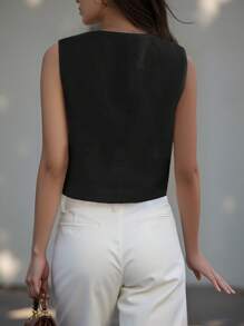 INAWLY 女式春夏纯色单排扣 V 领背心夹克 - 黑色 - 查看 3