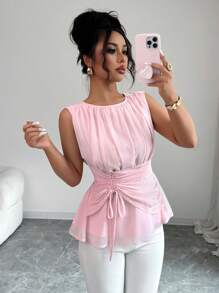 Elenzga 女士法式浪漫西西里优雅休闲通勤度假下午茶派对圆领褶皱腰抽绳 A 字形松紧腰无袖衬衫，春夏 - 粉色 - 查看 6