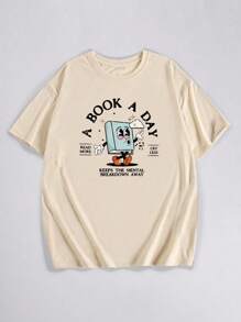 INAWLY Áo thun nữ cổ tròn in họa tiết hoạt hình mùa hè cỡ lớn có khẩu hiệu và tay áo trễ vai - Màu Khaki - Xem 3