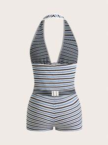 Amplova Deep V-Neck Halter Backless Tie Waist Striped Mini Shorts 2 Pieces Set - Blue - View 2