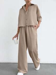 EURMUSE Women Two Pieces Shirt And Pant Set - Beige - View 5