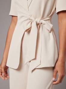 Silquee 女士纯色斑驳翻领短袖西装外套和裤子两件套 - 杏色 - 查看 5