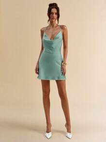SHEIN BAE Women Pearl Chain Decor Draped Neck Backless Solid White Mini Dress, Suitable For Graduation, Wedding - Mint Green - View 2