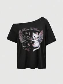 ROMWE Kawaii 哥特式神秘猫十字印花心形性感不对称肩部黑色纯色基本款夏季清爽街头风格复古大码不对称肩部T恤 - 黑色 - 查看 1