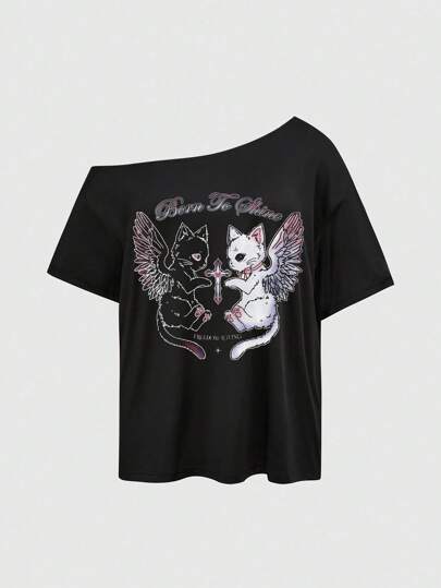 Kawaii Gothic Mysterious Cat Cross Print Heart Sexy Asymmetric Shoulder Black Solid Basic Summer Breezy Street Style Vintage Plus Size Asymmetric Shoulder T-Shirt Suitable For Going Out