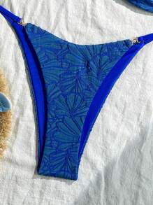 Swim Vcay 2pcs Summer Holiday Textured Fabric Spaghetti Strap Golden Accessory Bandeau Top & Bikini Bottoms Sexy Women Swimsuit Set - Blue - View 6