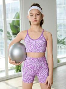 Conjunto de sujetador deportivo sin costuras y pantalones cortos de licra para niñas preadolescentes en color púrpura - Morado - Ver 3