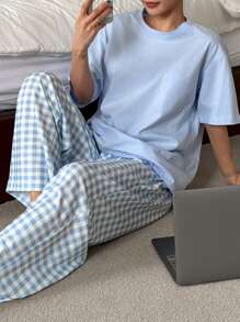 DAZY Minimalist Round Neck T-Shirt Top And Plaid Pants Home Wear Pajamas Set, Back To School Clothes - Baby Blue - View 1