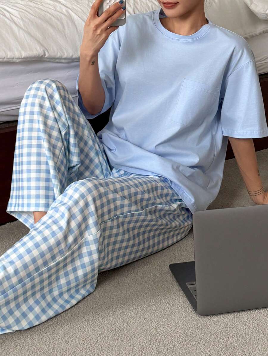 DAZY Minimalist Round Neck T-Shirt Top And Plaid Pants Home Wear Pajamas Set, Back To School Clothes - Baby Blue - View 1