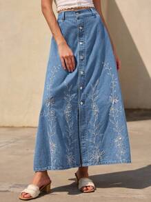 DAZY Women's Single Breasted Floral Embroidered Casual Long Denim Skirt Denim Maxi Skirt Long Jean Skirt Women Denim Skirts Embroidered Denim Skirt Jean Skirt Jeans Skirt