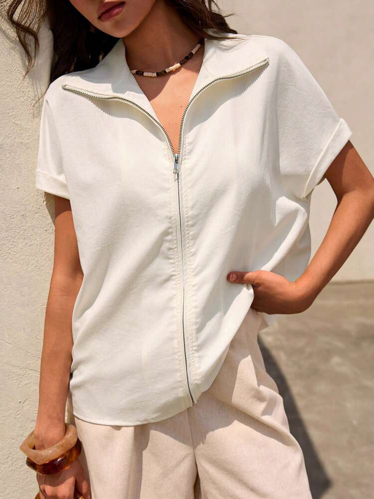 Ladies Solid Color Collar Loose Cuffed Sleeves Commuting Casual Work Metal Zipper Decor Short Sleeve Shirt, Spring/Summer Summer Shirts Woman Short Sleeve Top Zip Up Shirt Collared Shirt Summer Work Top