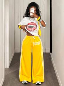 女式字母和侧条纹印花抽绳腰部宽松运动裤 - 黃色 - 查看 6