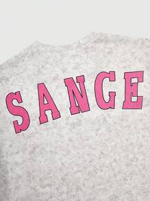 SHEIN Set 1 tricou cu mânecă scurtă și pantaloni lungi evazați pentru fete, vintage, casual, cu guler rotund, model cu litere, potrivit pentru joacă în aer liber și școală - Gri - Vizualizare 4