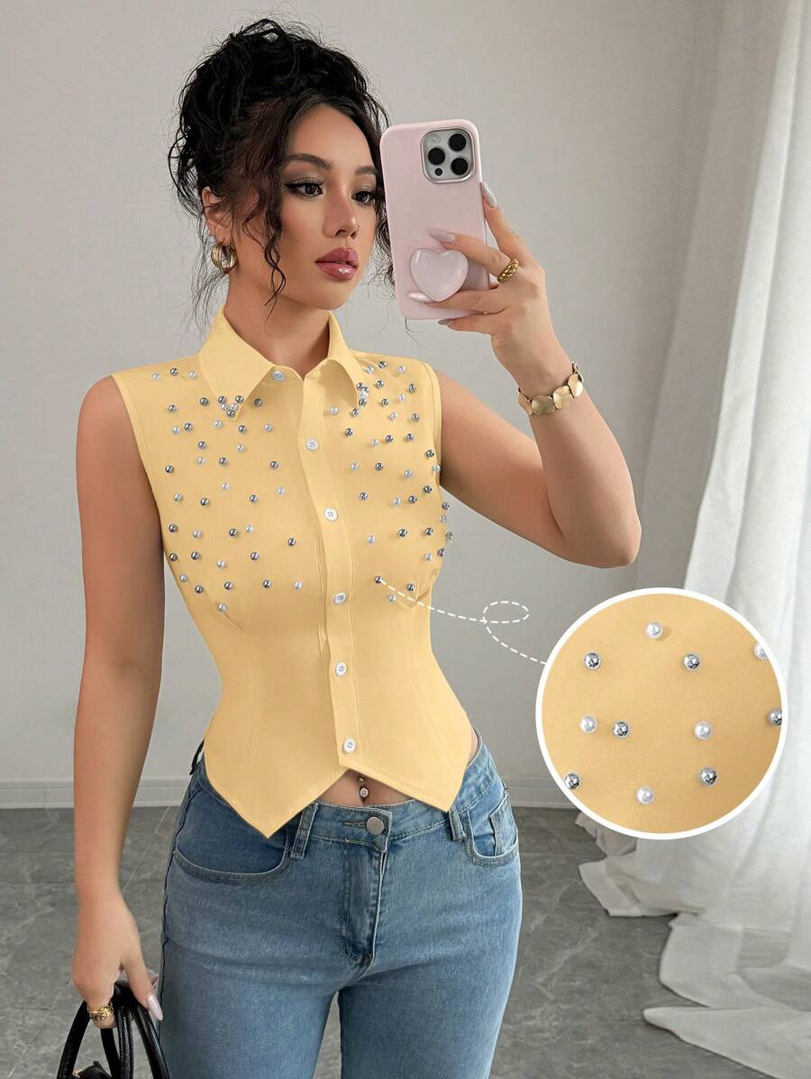 Elenzga 女式纯色无袖腰部收紧珍珠纽扣衬衫 - 黃色 - 查看 1