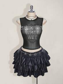 SHEIN ICON 加大码 Y2k 夏季黑色网眼透视性感水钻闪光女式水钻字母网眼露背紧身吊带背心 - 黑色 - 查看 3