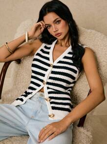 Poéselle Women's Striped Print V-Neck Sleeveless Casual Summer Knit Vest In Fall/Winter - Black and White - View 8