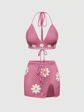 Women's Summer Vintage Floral Vacation Style Knit Set