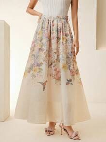 Anewsta Elegant & Intellectual Women's Chiffon Digital Placement Print Flared Mid-Length Skirt, Spring/Summer - Apricot - View 4