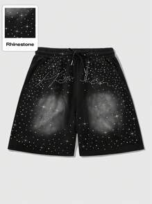 ROMWE MEN Men's Street Life New Design Rhinestone Effect Print Zebra Pattern Shorts, Summer - Black - View 1
