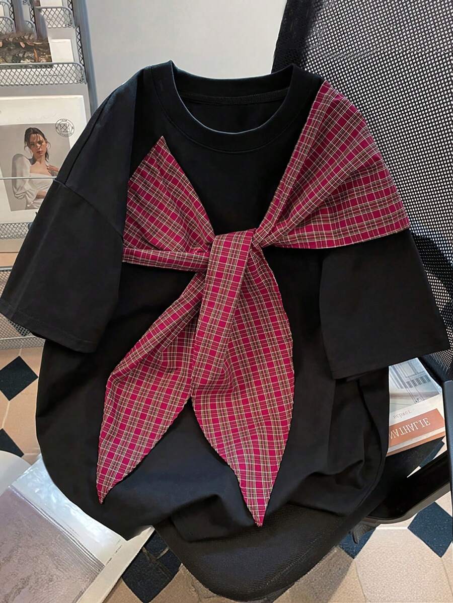 SHEIN 大码女式格子印花圆领扭纹休闲短袖T恤