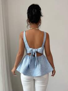 Elenzga Neuer Frühlings-Sommer Damen Urlaubs-Lässig eleganter Jacquard-Stoff schlanker kurzer exquisiter Oberteil mit offenem Rücken, Schleifen-Dekoration, schlanker Rüschen-Saum, modisch und vielseitig mit floralem Texturmuster, elegante junge Pendler-Party-Date-Mode, junger neuer Sommer, hellblauer floraler Textur-Stoff Damen-Oberteil - Babyblau - Übersicht 2
