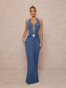 Lumalex Women's Dusty Blue Summer Elegant Party Night Halter Neck Deep Plunge Ruched Front Crystal Shell Brooch Backless Bodycon Maxi Dress For Wedding Prom - Dusty Blue - View 4