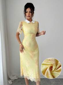 Modelyn 女士纯色短袖蕾丝拼接优雅法式连衣裙 - 黃色 - 查看 3