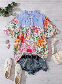 SHEIN LUNE 女式夏季蓝白条纹拼布花卉印花蕾丝领衬衫