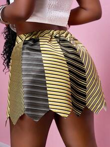 Slaydiva Minifalda de verano 2025 de estilo informal callejero de novia, estilo punk con empalmado de corbata, estampado de rayas, dobladillo irregular, silueta evasé, falda de mujer