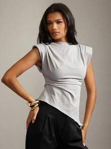 Hauture Old Money Sexy Business Casual Shoulder Pad Asymmetric Hem Tank Top For Women – Elegant Solid Sleeveless Office Lady Minimalist Blouse, Fitted Workwear, Chic Formal Summer Top