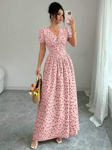 Elenzga Elegant Women's Summer Elegant Elastic Waist Puffed Sleeve Women's Long Dress, Maxi Dress. Dành cho mùa xuân/hè, trang phục hòa nhạc cho nữ, thanh lịch phù hợp để đi làm hàng ngày, lễ hội âm nhạc, trang phục ngày lễ/váy xếp nếp/hoa đồng quê/phong cách đồng quê hoa màu be 03/đồng quê/hoa - Hồng - Xem 7