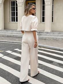 Serisse 2pcs Women Floral Embroidery Twist Front Top And Pants Set Summer Casual - Apricot - View 2