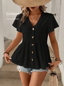 SHEIN LUNE 夏季女士V領荷葉邊褶皺波浪袖A線上衣，休閒和假日風格，純棉扣緊襯衫 - 黑色 - 查看 4