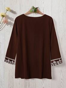 Rusticease 女式休闲宽松七分袖简约衬衫 - 棕色 - 查看 2